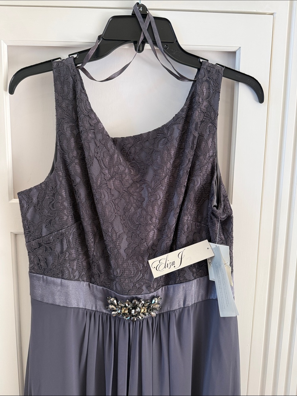 Eliza J Slate Lace Bodice Chiffon Maxi Gown with Crystal Waist